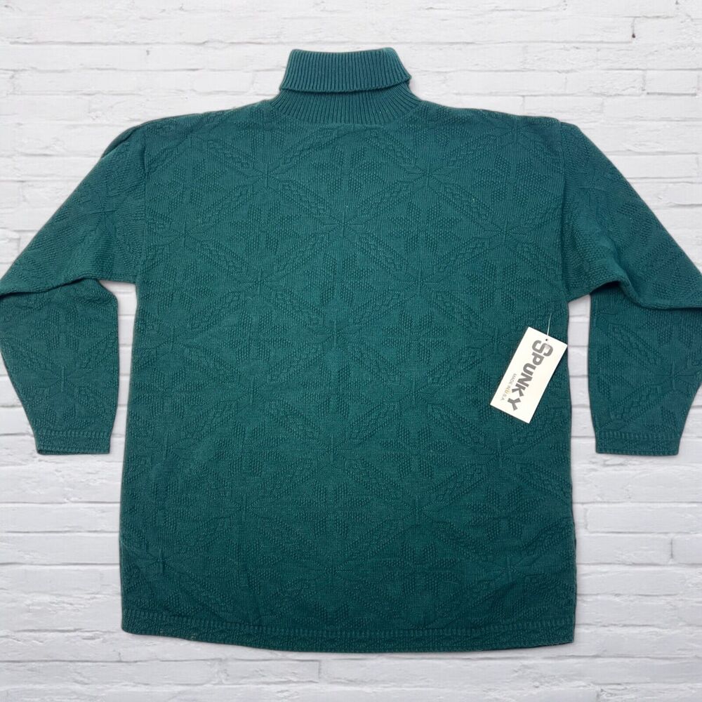 1980s Vintage Spunky Turtleneck Sweater Holiday Green Snowflake USA Womens Large